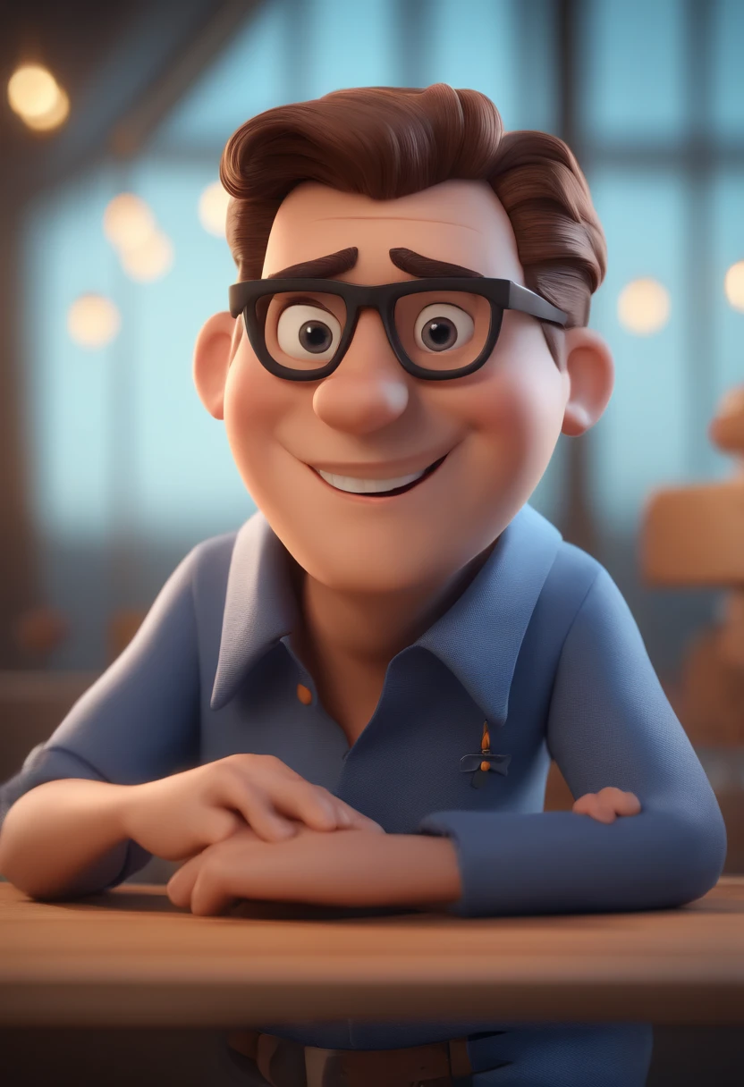 Cartoon character of a man with black glasses and a blue shirt, animation character, Caractere estilizado, animation style rendering, 3D estilizado, Arnold Maya render, 3 d render stylized, toon render keyshot, Personagem 3D, Personagem 3D, 3d rendering stylized, 3 d character render, personagem de desenho animado, Personagem de close up, Pose de personagem,  (Estilo Pixar) (master part:1.2) (Bokeh) (best quality) (pele detalhada) (textura detalhada) (8k) (argila) (Cinematic lighting) (foco nítido