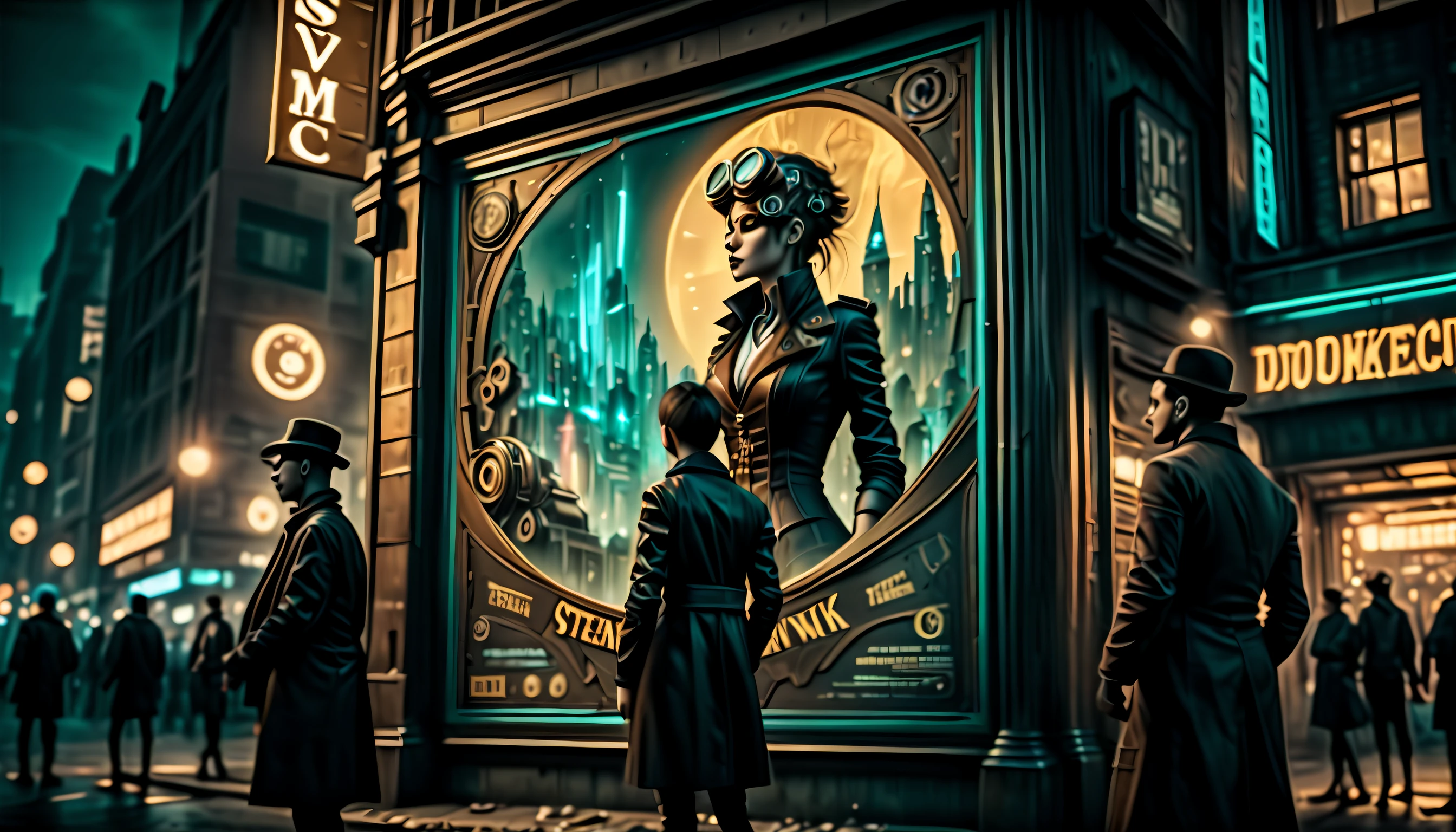 (((street-walls-pasted of steampunk and surreal cyberpunk with movie-poster:1.3))), (cinematic lighting and angle:1.1), (ultra-real:1.3), (((club-kids looking at movie poster:1.3))), (matte painting so detailed and layered that it feels like a real place:1.1), (modern-cityscape-street-wall background detail:1.3), ((intricate details:1.3)), ((masterpiece:1.3)),