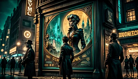 (((street-walls-pasted of steampunk and surreal cyberpunk with movie-poster:1.3))), (cinematic lighting and angle:1.1), (ultra-r...