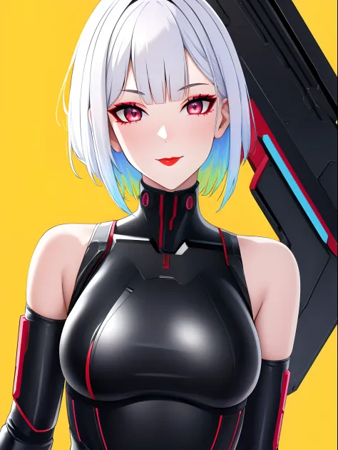 1girl, lucy \(cyberpunk\), solo, looking at viewer, cyberpunk, short hair, yellow background, smile, bare shoulders, red eyeliner, makeup, red lips, looking back, parted bangs, upper body, cyborg, multicolored eyes, bodysuit, closed mouth, white hair ,cybe...