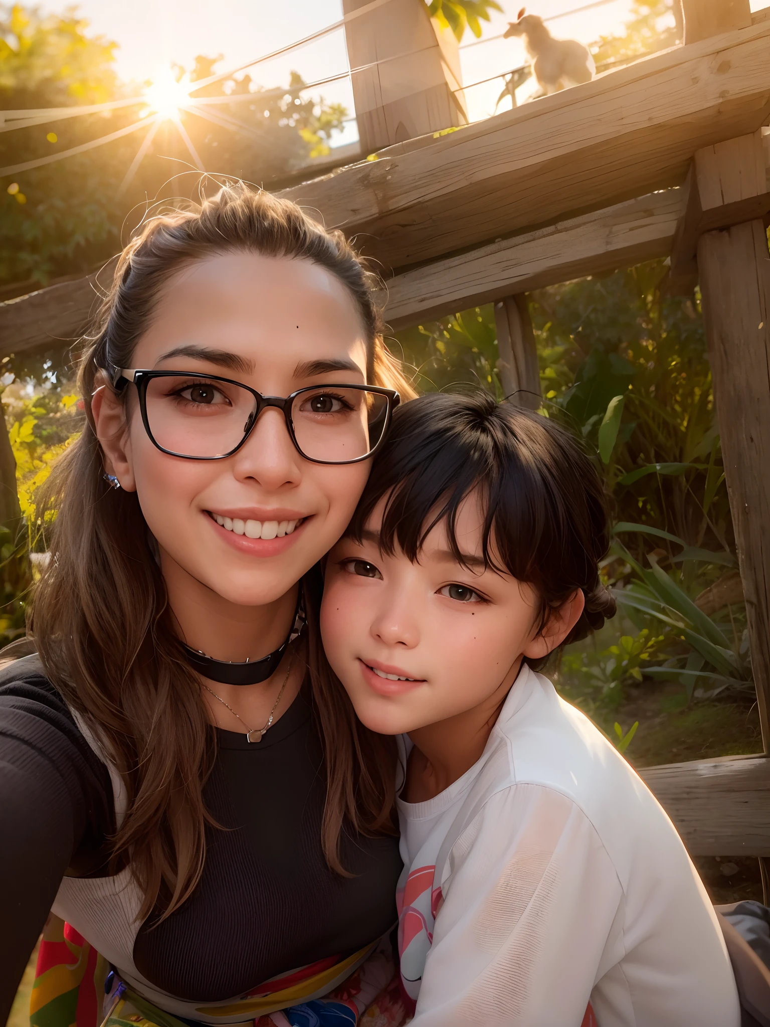 Woman and child posing for a photograph on a wooden structure, 3 5 year brazilian mother, with a kid, 3 0 anos de idade mulher, Mulher de 30 anos, Directed by: Nandor Soldier, mateus 9 5, holiday photography, imagem do avatar, imagem de perfil, imagem de qualidade muito baixa, fotografia, cabrito, em frente a um fundo de floresta