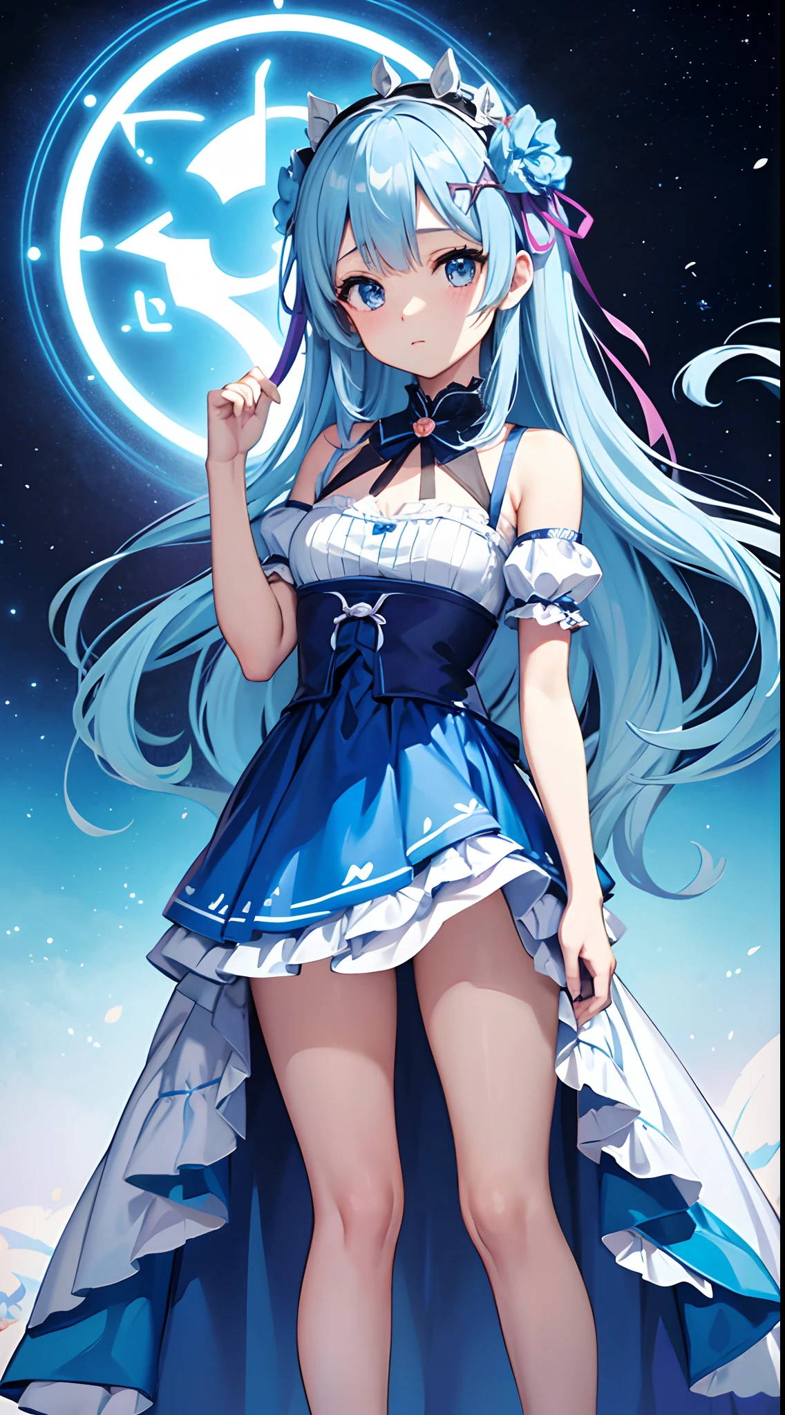 Anime girl in a blue dress with flowers, Light blue long hair、Twin-tailed、Cute anime waifu in a nice dress, loli in dress, rem rezero, offcial art, Anime princess, , beatrice blue, zerochan art, royal elegant pose, official artwork, splash art anime , Pisif, Kushatt Krenz Key Art Women, detailed fan art, Beautiful teenage girl