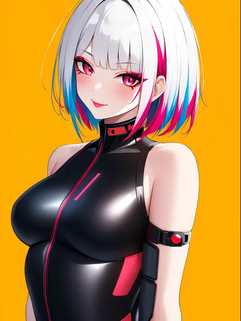 1girl, lucy \(cyberpunk\), solo, looking at viewer, cyberpunk, short hair, yellow background, smile, bare shoulders, red eyeliner, makeup, red lips, looking back, parted bangs, upper body, cyborg, multicolored eyes, bodysuit, closed mouth, white hair ,cybe...
