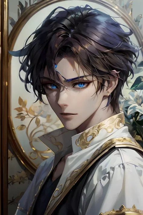 Anime boy with blue eyes and white shirt with gold trim, Beautiful androgynous prince, Delicate androgynous prince, handsome guy...