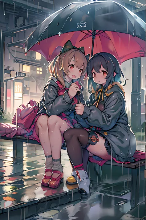 two girls,under the rain、anime characters sitting on a bench under an umbrella, sateen!, sateen!!, kantai collection style, sate...