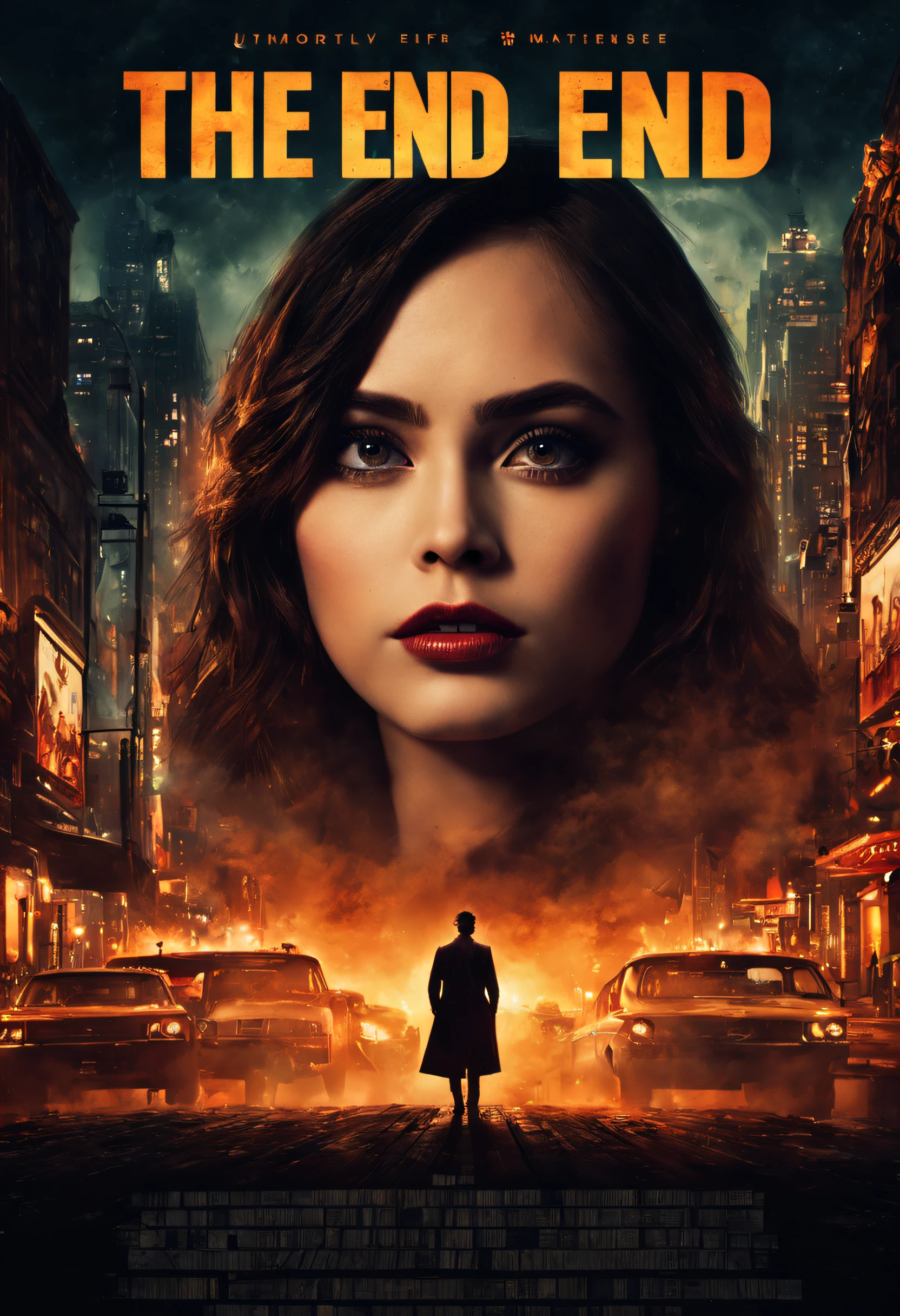 poster of the movie The End, title, and credits, highres, ultra-detailed, vivid colors, dramatic lighting, realistic, portraits, bokeh, cinematic, creative design, intense atmosphere, dark background, suspenseful, shadowy figures, melancholic tone, prominent typography, artistic composition, dynamic angles, contrasting colors, depth of field, striking visual effects, powerful emotions, haunting imagery, captivating visuals, atmospheric setting, theatrical, mysterious ambiance, skilled craftsmanship, authentic characters, intriguing narrative, professional artwork, captivating storyline, enigmatic expressions, cinematic style, thought-provoking symbolism, compelling poster design, iconic visuals, masterfully executed, visually stunning, visually engaging, attention-grabbing, memorable, reminiscent of classic film posters