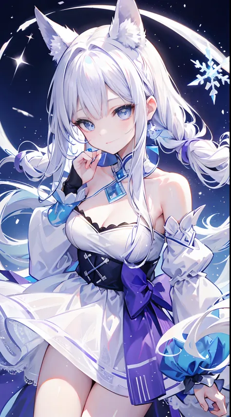Long snow-white hair，Braided with 4 ponytails，Three tiny ones on the right，The one on the left is on the larger side。
nature，Can turn amethyst in the back，High cold beauty，But it's especially sticky to the main character，Ice and snow control
Long snow-whit...