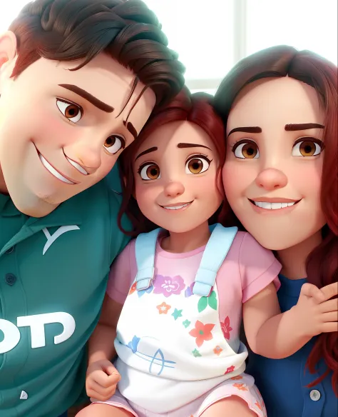 Casal (homem moreno e mulher morena filha morena clara) no estilo Disney Pixar, alta qualidade, melhor qualidade.