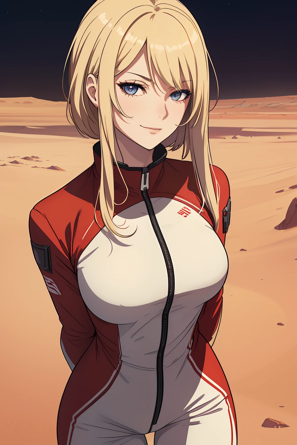 Portrait, nsfw, (slim body, 1 girl), (best quality, 4k, 8k, high-res, ultra-detailed, anime style, warm), pale blonde, blonde hair, pale grey eyes, looking at viewer, seductive girl, smug, slightly smiling, hentai retro, surface of mars, mars landscape, red planet, red desert, red dunes, full white jumpsuit, dusk