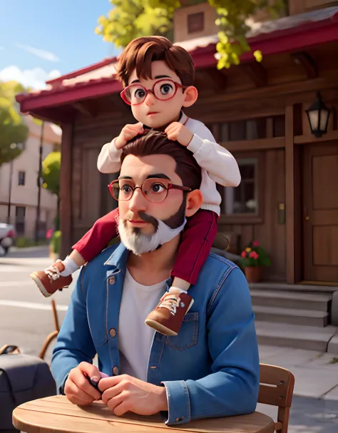 araffe with a beard and glasses sitting on a man's shoulders, with a kid, pai com filho, Tomado com Sony Alpha 9, Alex, tirado n...