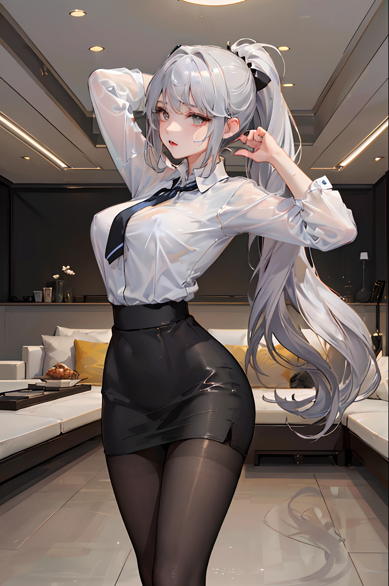 (((1 girl in))、Ray traching、(dim lighting)、[detailedbackground(livingroom))、((silber hair))、(silber hair))、(Fluffy silver hair、Plump and slender girl))High ponytail)))Avoid golden eyes in the sinister living room((((Girls in white shirts、She wears a black wrinkled skirt and black transparent pantyhose)、Delicate slender figure and graceful curves、Correct limb、Show me your hands on the back of your head、 both hands behind head、Very delicate facial expressions、Detailed facial expressions、A sexy、Cute、