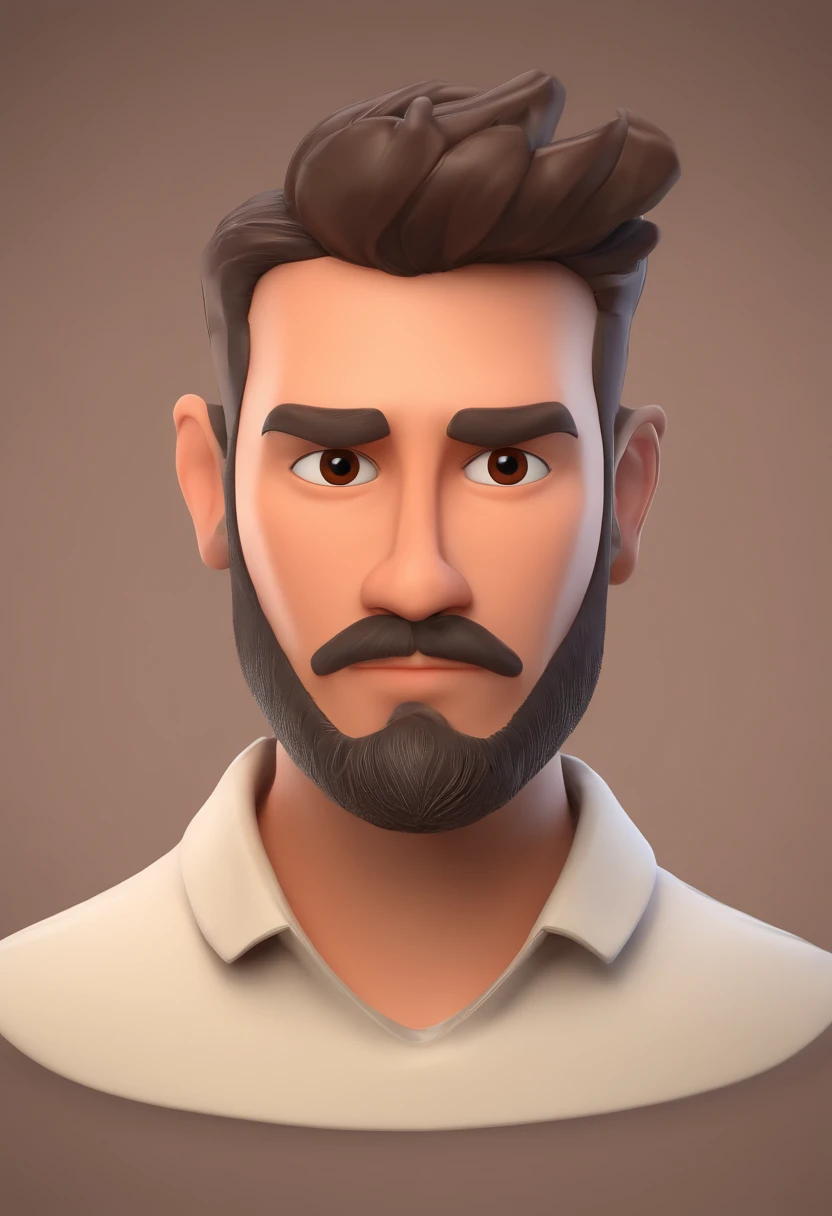 Style Pixar: Yeux marrons Homme combone sur la tête de 27 ans avec une courte barbe marron foncé