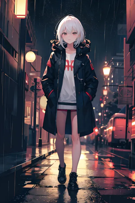 1girl,night city,rain,coat,hands in pockets