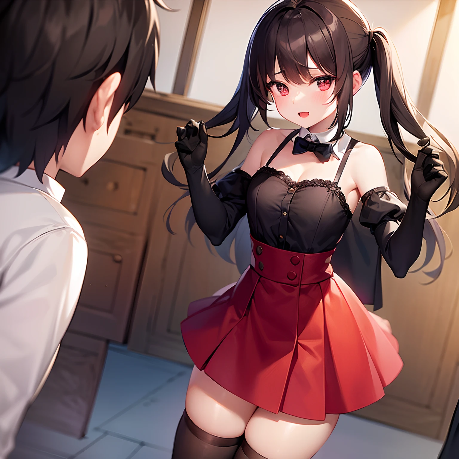 Anime girl in a red skirt and black top standing next to a man - SeaArt AI