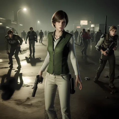 beautiful face, glare, short bob brown hair, perfect face, Rebecca chamber from resident evil, white jeans, green vest, holding a gun
