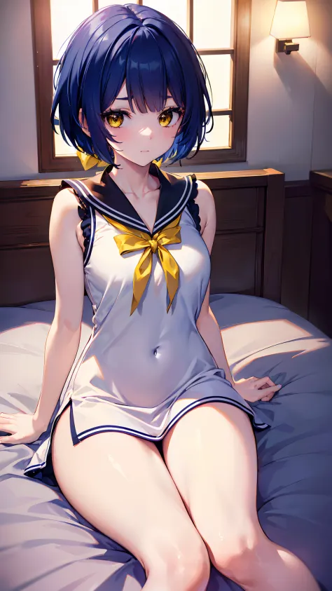 ((masutepiece+Best Quality+High resolution+Illustration 1.3+Ultra-8k)), 1girl in, ((Detailed body)) ((alluring face)) ((long snout)) ((Long facial structure)) (Sharp eyes) ((yellow Eyes)) ,Soft skin, Indoor, sitting g on the bed, Looking at Viewer, Detaile...