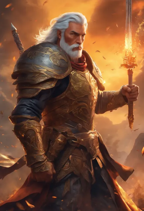 (best quality:1.2,ultra-detailed,realistic:1.37),leather-clad,strong muscular man with white hair,brave warrior,beautiful and wise,aging gracefully,bearded face,weathered skin,piercing blue eyes,confident stance,strong jawline,wrinkles showing wisdom,stron...
