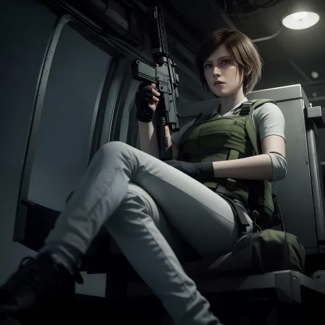 beautiful face, shy, short bob brown hair, perfect face, Rebecca chamber from resident evil, white jeans, green vest, holding a gun