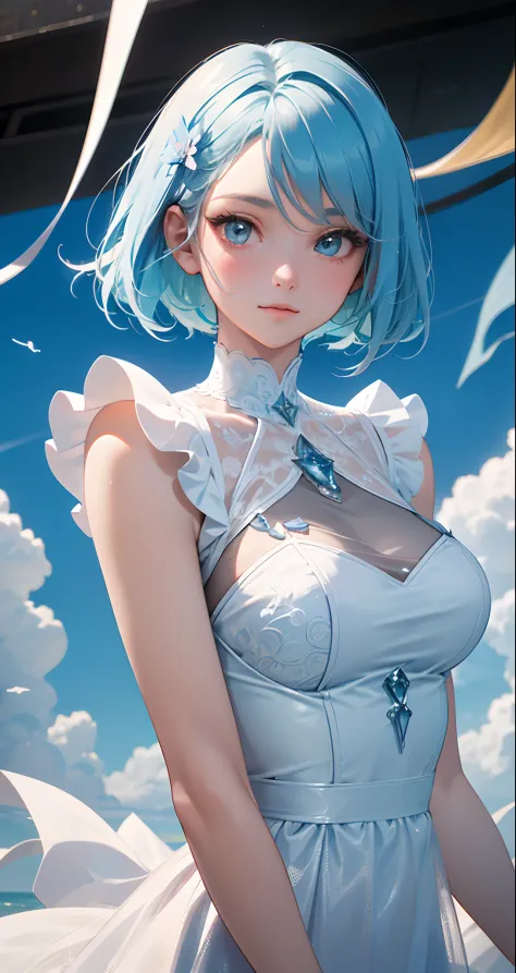 (8K, RAW photos, Top quality, Highly detailed CG unity 8K wallpaper, Masterpiece: 1.2), Girl, light blue beautiful hair, Floating in the sky, Cloud Girl, Clouds, (Close-up: 1.1), Bright, Happy, fun, Soft lighting, (bauhause, Shape, Line, abstracted: 1.2) C...