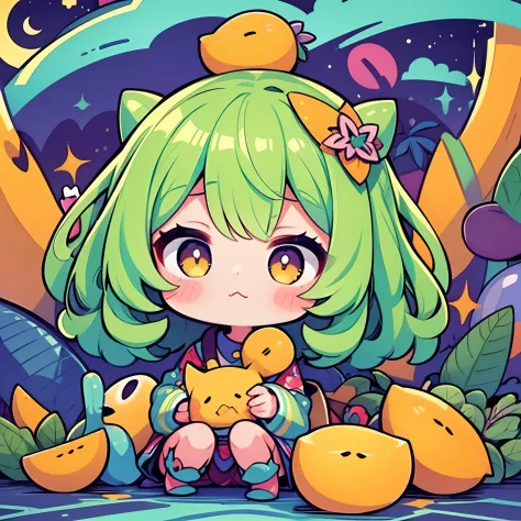Girl personifying a mango、Cute、Chibi、Mango pulp、masterpiece、细致背景、psychedelic