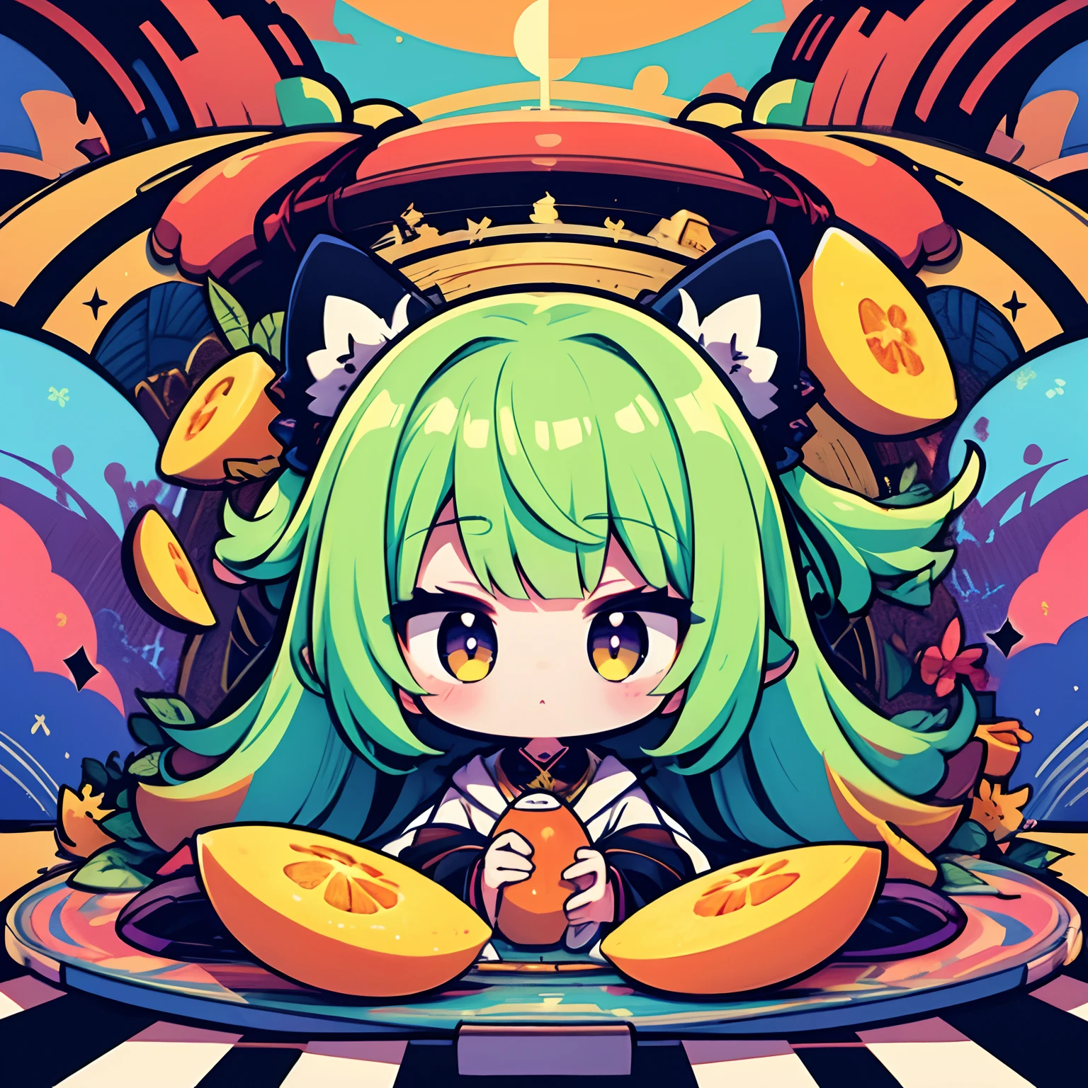 Girl personifying a mango、Cute、Chibi、Mango pulp、masterpiece、细致背景、psychedelic