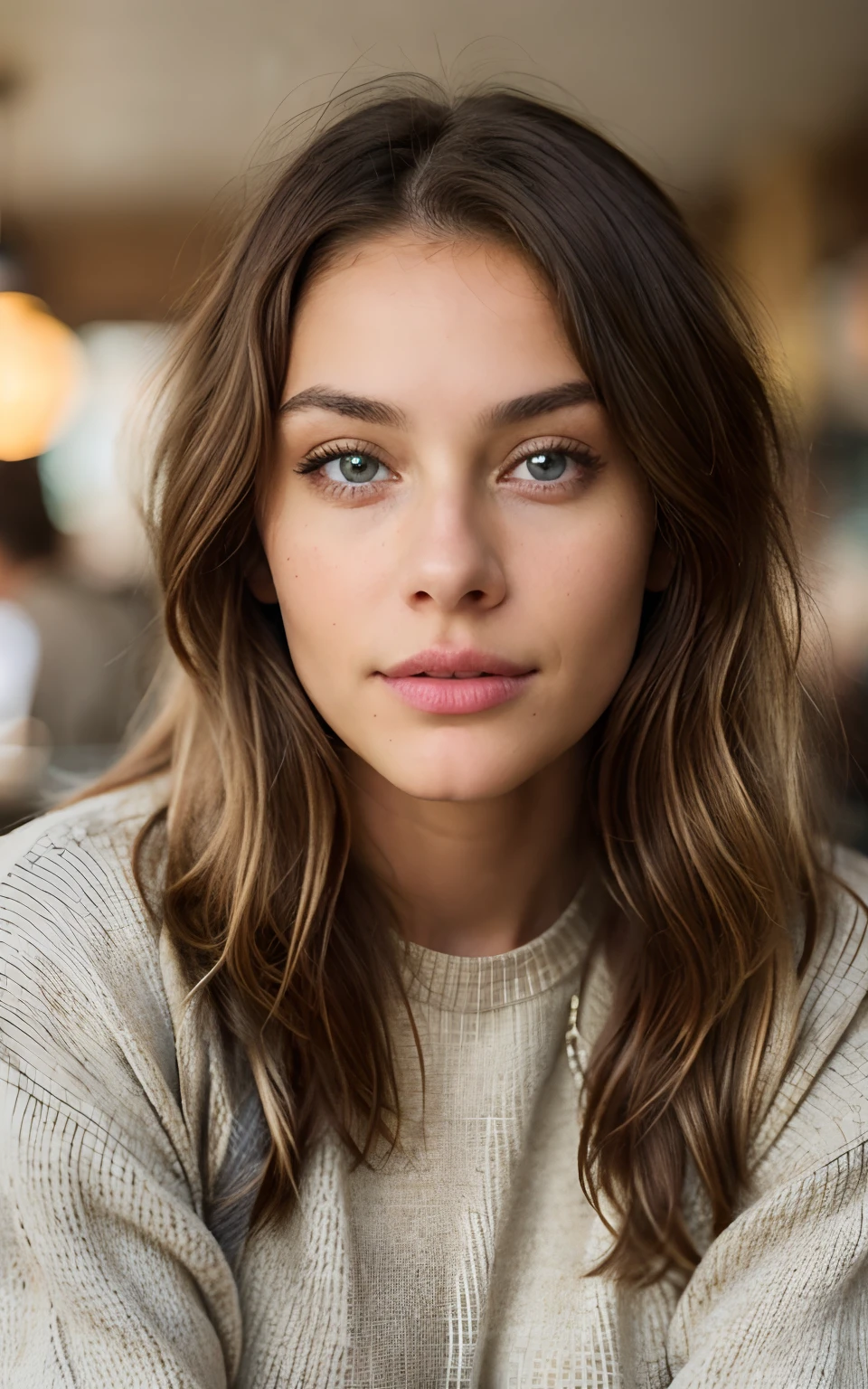 Beautiful brunette with blonde highlights wearing a beige sweater (in a cafe drinking soda), highly detailed, 22 years old, , boobs, innocent face, natural wavy hair, blue eyes, high resolution, Masterpiece, Best quality, Intricate high detail, Highly detailed, Sharp focus, Detailed skin, realistic skin texture, texture, detailed eyes, professional, 4k, charming smile, shot on Canon, 85mm, shallow depth of field, Kodak Vision Color, Perfect Fit Body , extremely detailed, photography_\(ultra\), Photorealistic, Realistic, Post-processing, maximum details, roughness, real life, ultra realistic, Photorealism, photography, 8k UHD, photography, busty