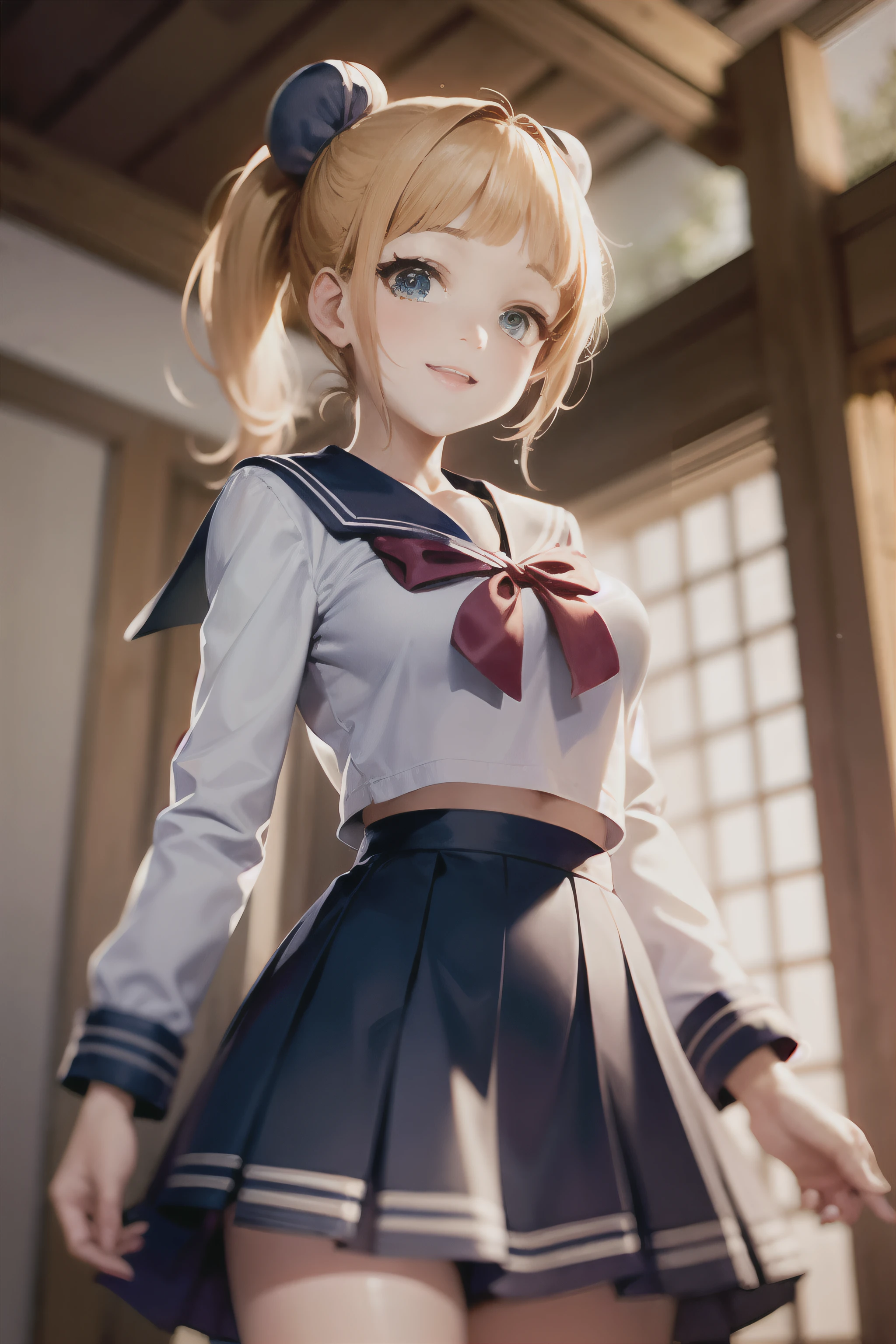 Fantasia, ((Sailor Uniform:1.5)), ((pleatedskirt:1.5)), BREAK, very detailed face and eyes, ((Kyoto Animation Style)), super precision, ​masterpiece, very extremely beautiful, Princess Face,  shorth hair, Straight hair, a blond, ((Short ponytail:1.5)), ((Straight bangs:1.5)), ((hime-cut:1.5)), Blue eyes, ((medium breasts)), BREAK, Red ribbons, cowboy  shot, dynamicposes, gland, A slight smil, frombelow, chapel, is standing, frombelow, Slightly open mouth, ((kawaii faces,)), 20 years old)),