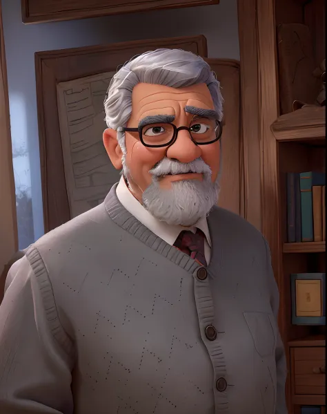 velho, inspirado na Disney Pixar, Inspirado pelo pastor ( Rubens Janeiro ) A gray-haired man wearing glasses in an office with a book on the table looking to the serious future, old man, cabelos grisalhos, um terno