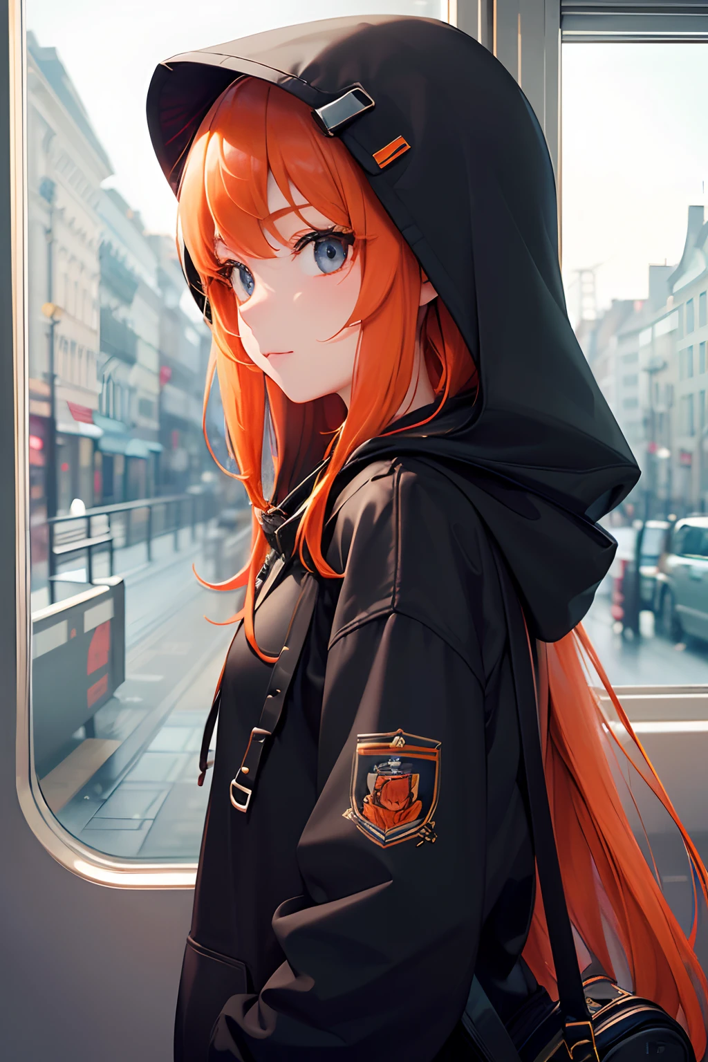 Anime girl with orange hair and a black hoodie on a train SeaArt AI