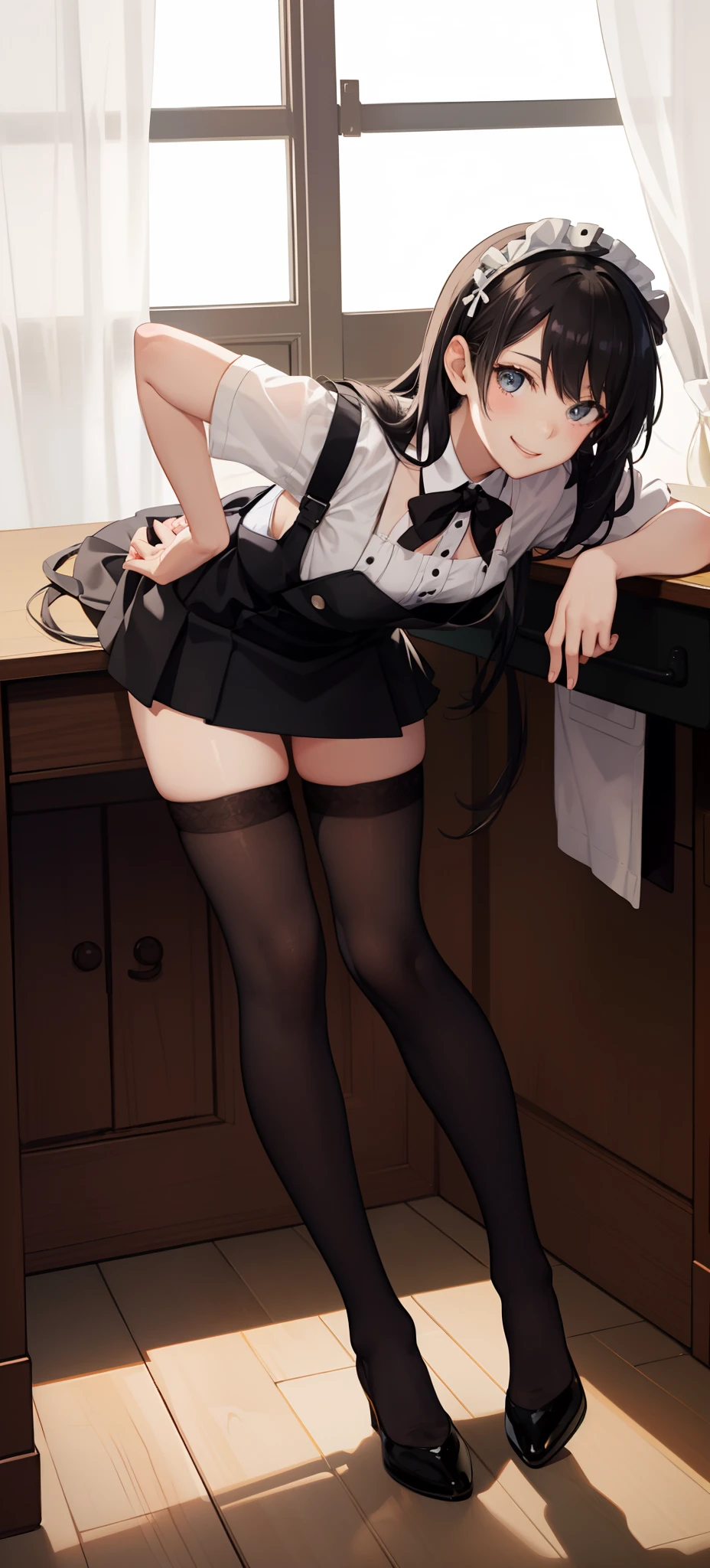 Anime girl in a maid outfit posing on a desk - SeaArt AI