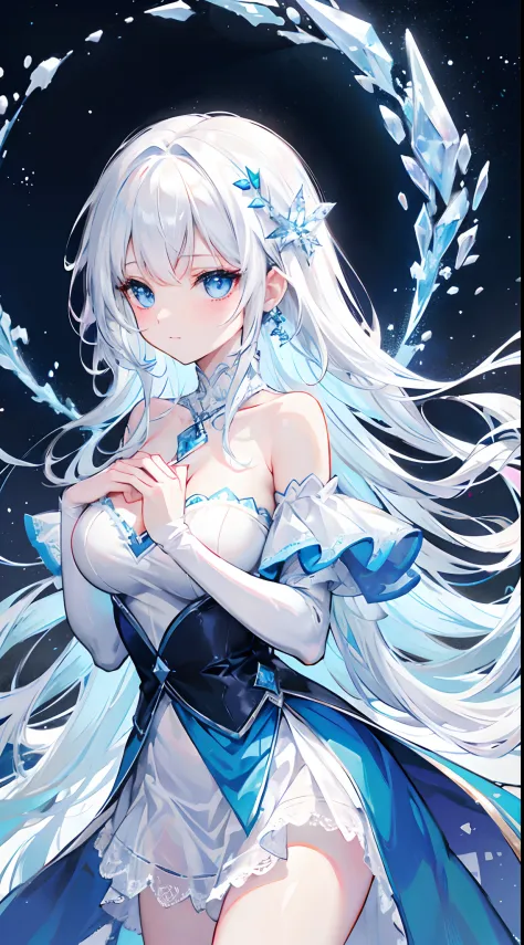 nature，，High cold beauty，But it's especially sticky to the main character，Ice and snow control
Long snow-white hair，Crystal blue eyes，Long blue off-the-shoulder dress，White lace，Hands on the skirt of the hem，light grin，Frozen，ice magic，girl，Medium build