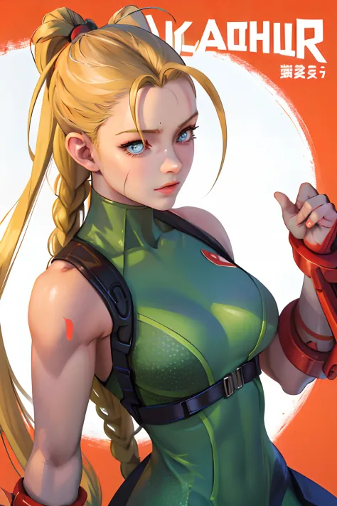 ((magazine cover)) posters, masterpiece, best quality, spring outfit, colorful hair, outdoor, magazine cover ,whole body, ((Cammy)) Cammy of street fighter. good hands, big breast, sweat skin, cammy white.