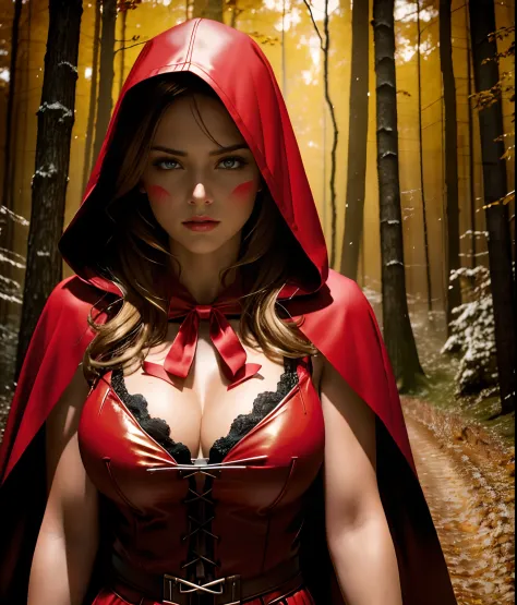 extremely beautiful red riding hood, subtle makeup, golden hour, photorealistic, high contrast, 8k HD, detailed, hyper-detailed, realistic skin texture, covered with red hood, large breast, best quality, ultra high res, raw photo, dramatic lighting, unreal...
