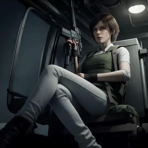 beautiful face, shy, short bob brown hair, perfect face, Rebecca chamber from resident evil, white jeans, green vest Long-sleeved clothes, holding a gun
