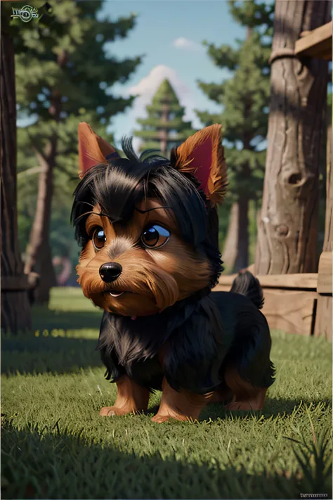 Pixar style: cute cartoon style yorkshire terrier dog, black color, small, boy, poster, photo, 3d render, disney pixar logo, forest background