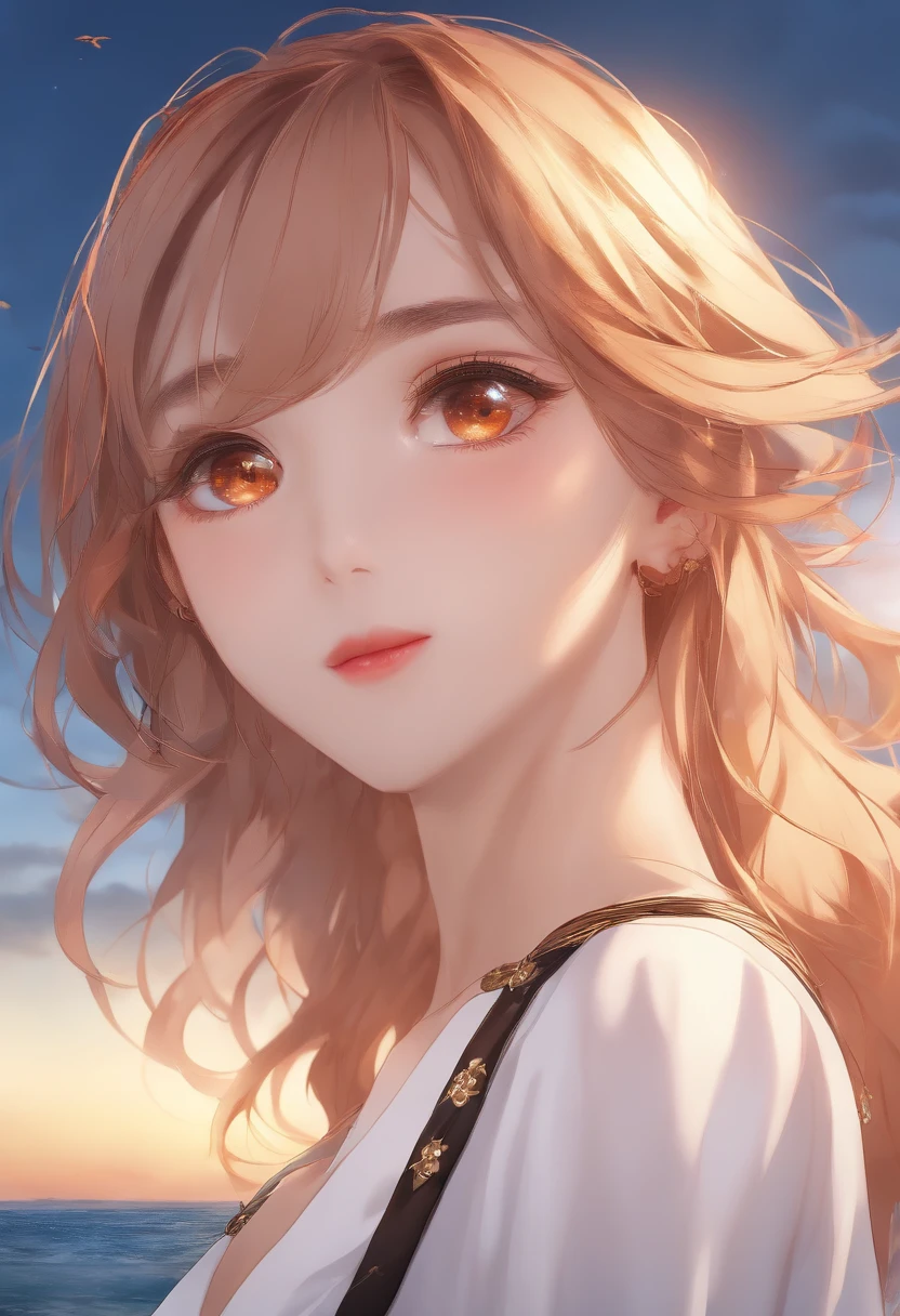 (best quality,4k,highres,masterpiece:1.2),anime style,in the sky,above the sea,two open eyes,detailed eyes,during sunset,smiling,masterpiece, detailed face, good anatomy, highlights, vibrant colors.