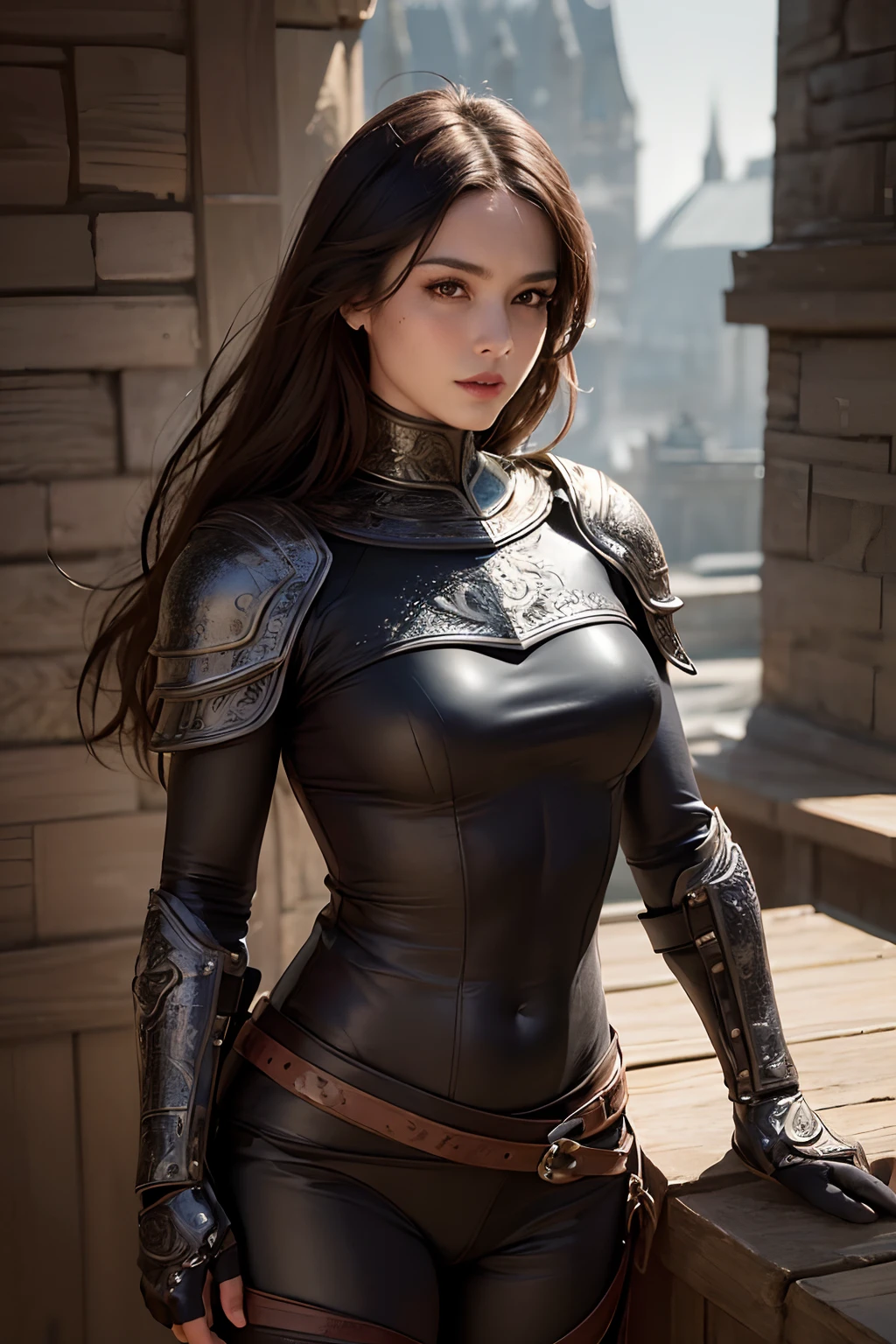 (Best Quality,4k,8K,hight resolution,Masterpiece:1.2), Ultra-detailed, Realistic, physical based rendering, detailed face and body, beautiful detail eyes, beautiful detailed lips, Dark hair, Figure of a warrior, Strong abdominal muscles, suntanned skin, dark skin, (suntan: 1.5), (Stylish leather armor that covers the body but emphasizes femininity: 1.5), Closed armor, medieval, Ancient Setting, dark atmospheric lighting, big breastes, in full height, (Illustration of a woman's whole body, Far plan: 1.3).