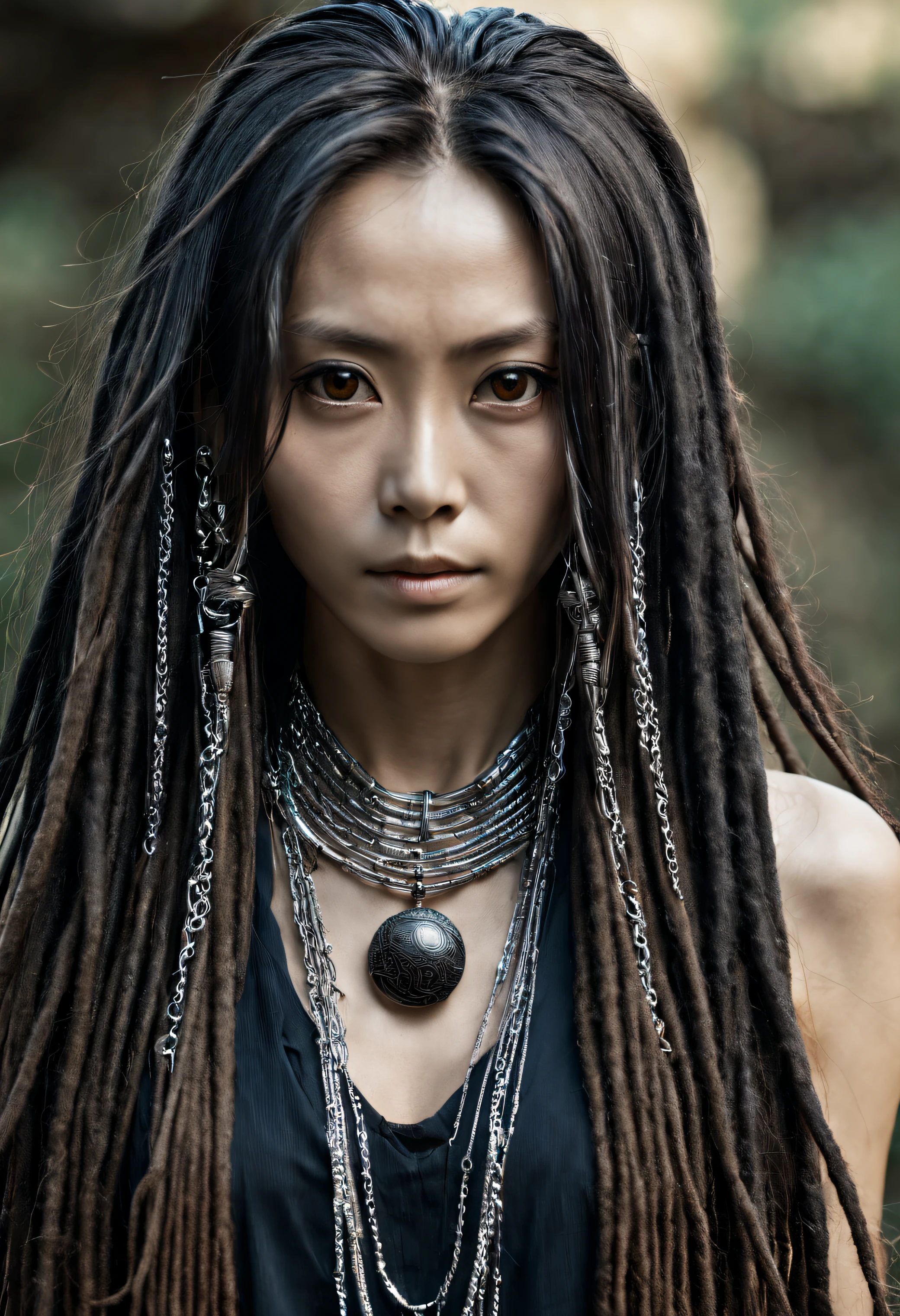 close up portrait photography, beautiful japanese female with very long black dreadlocks and loose hair, long beautiful slender elegant confident fine lined face, beautiful big brown eyes, elegant fine thin silver face chains accessories, fantasy tribal glamour inspired