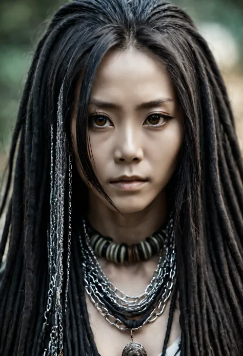 close up portrait photography, beautiful japanese female with very long black dreadlocks and loose hair, long beautiful slender ...