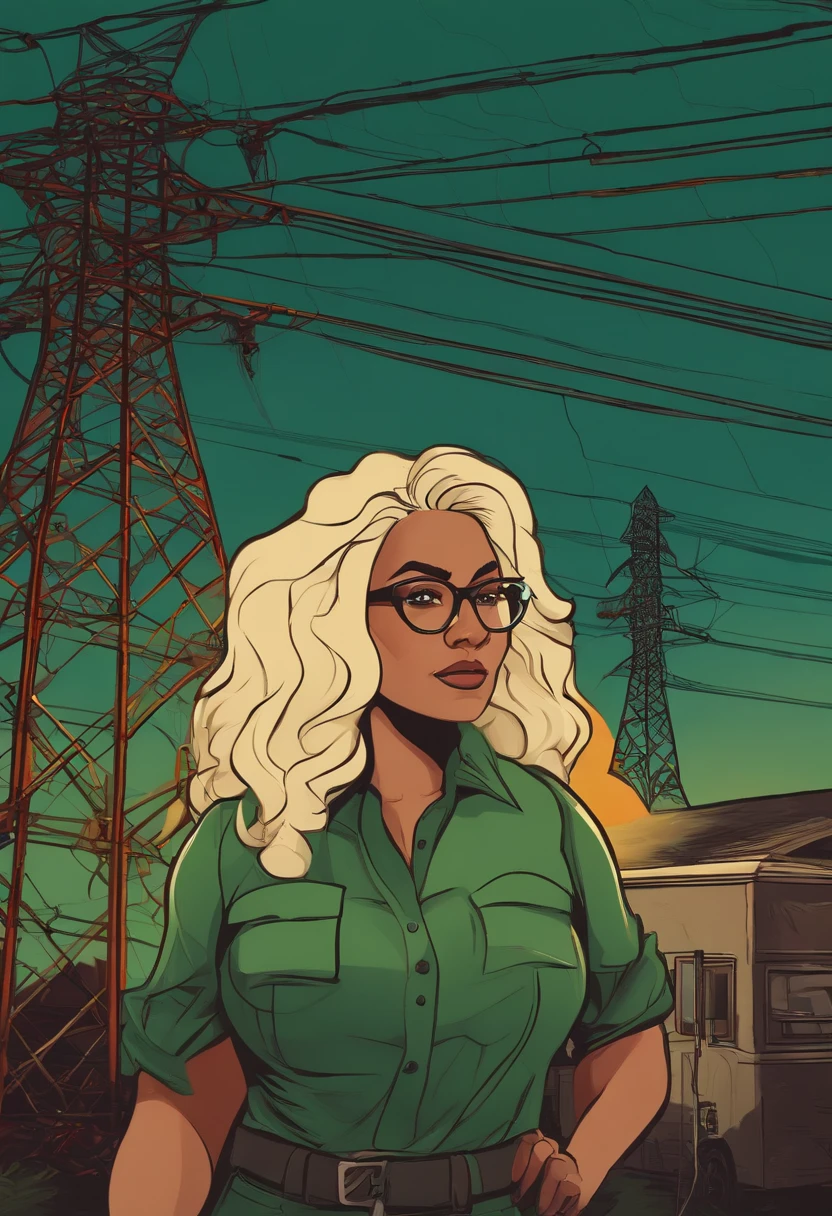 A cartoon of a woman in a green shirt and glasses - SeaArt AI