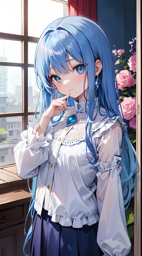 1 cute girl、独奏、8K resolution、blue eyess、(Long blue hair、Tied hair、Colorful jewel-encrusted hair)、(finer hair)、nice hand、perfect hand、Soft look、red blush、 Long sleeve blouse、skirt by the、Antique windowsill and furniture store（A slight smil、look up to）