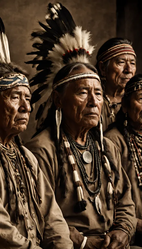 masterpiece, best quality, a group of former American jicarilla tribes, shot from afar, serious face, realistic, looks real, cin...