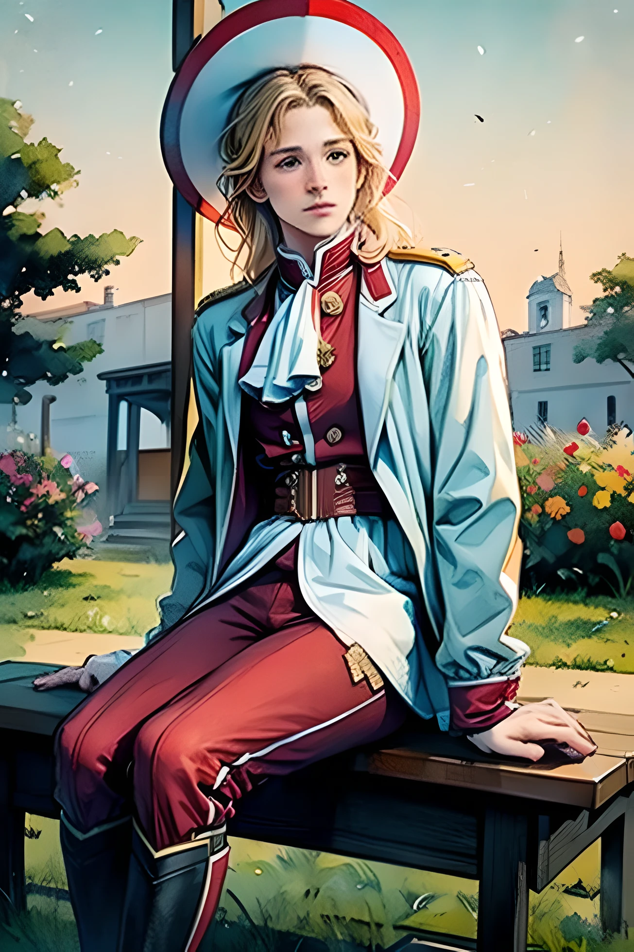 Middle-aged Ryan Gosling wearing 1790s XVIII century Austrian military uniform (red breeches and white coat with red & gold trimmings) and a black tricorn hat. Blond hair in a queue. He is sitting on a stone bench in front of viewer with gardens in the background, looking into the distance. Frontal view. Sad expression. golden hour. Summer evening. Watercolors, pencil. Quick rough sketch with few details. Realistic, minimalistic, 2.5d