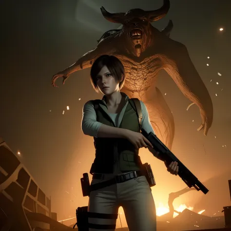 beautiful face, shy, short bob brown hair, perfect face, Rebecca chamber from resident evil, white jeans, green vest Long-sleeved doryi, holding a gun