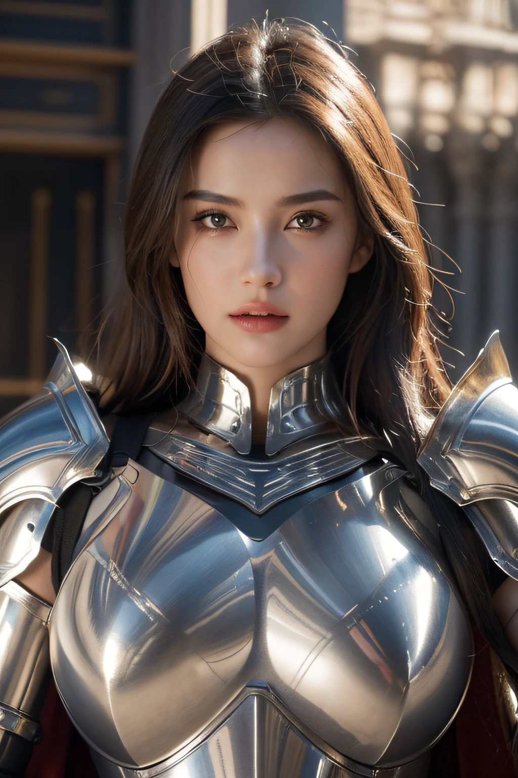 (top-quality,8K,​masterpiece,A hyper-realistic,Cinematic Photo),Female Knight in Armor,(A detailed eye,beautidful eyes,Detailed skin,Detailed lips,lipgloss),skin tanned,Colossal ,Constriction,(Detailed Armor,Precision armor,Luxurious armor),Inside the palace,