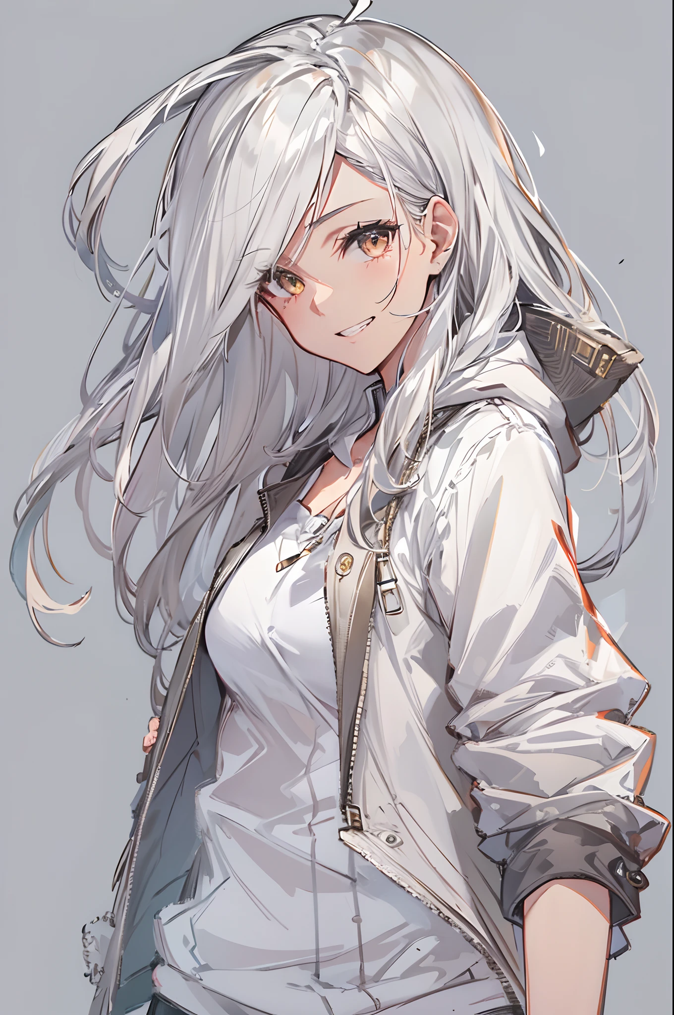 1girl, {solo}, upper body ,{{ {looking at viewer}}},  arm at side, concept art, white background, simple background, white hair, silver gradiient hair , complex  cloth, asymmetrical clothes, virtual youtuber, best quality, masterpiece, dynamic angle, guilty gear, guilty gear, guilty gear, cowboy_shot, looking_back, grabbing, girl,woman,female, young,20 years old, very long hair, flipped hair, silver hair, flowing hair, ahoge, smirk, beautiful and delicate golden eyes, teeth, medium_breasts, blonde eyes, white skin, coat, hoodie, black_shorts, grey Clothes, transparent_background, backlighting, absurdres, highres, ultra detailed,