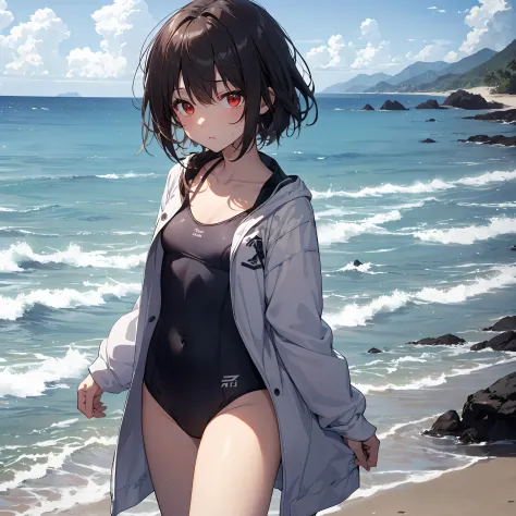 ((top quality,shinkai makoto style, ultra-detailed,high resolution,extremely detailed CG,unity 8k wallpaper,by famous artist,perfect anatomy,super detailed skin,cinematic lighting)),break,(Please draw a picture of a girl in a swimsuit walking on the beach....