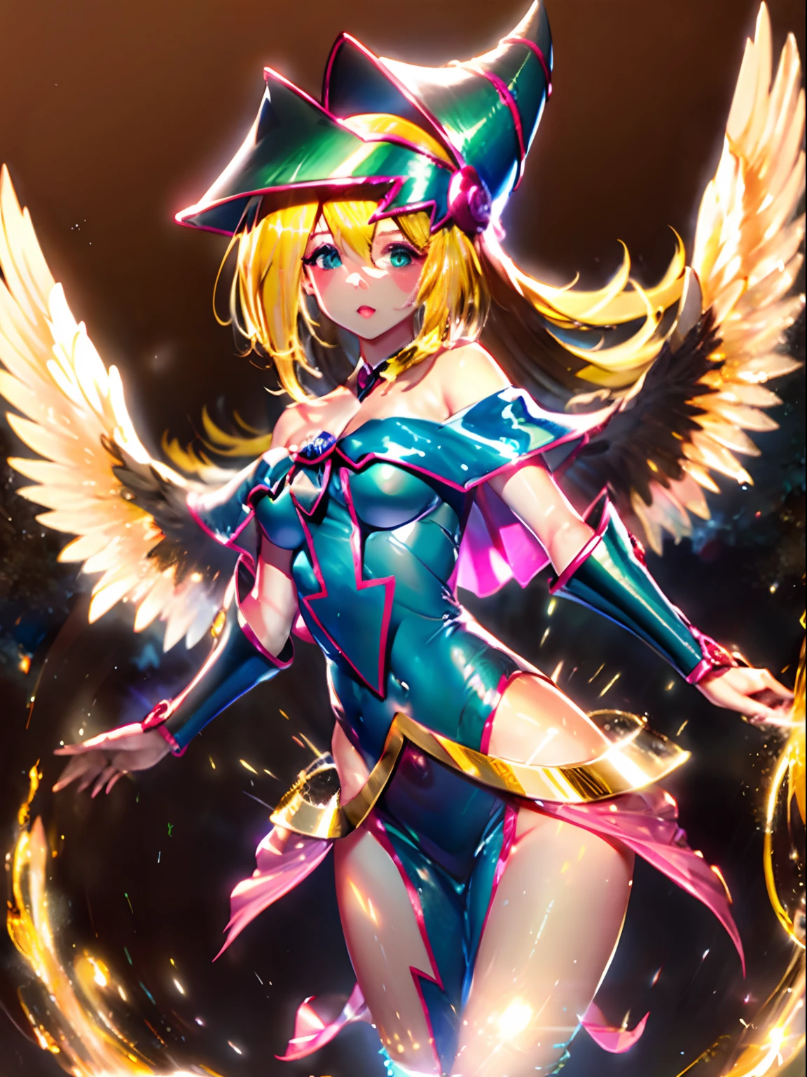 1. Mujel Dark Magician:2-Day Angel Edition:1 Spread your wings:3 in a coat of white feathers, Wings full of the back, glowing halo, Long flowing hair, Mechanical wings dancing delicately at the waist, Median number, Sunken navel, curtains of white feathers on the pelvis move slightly,, Mini wings splashing the body, Multiple wings with a yellow glow, Soft yellow fire between the wings. Beautiful black magician girl heavenly angel version.