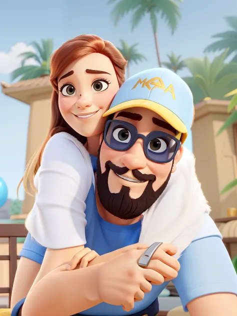casal homem e mulher no estilo Disney Pixar, alta qualidade, melhor qualidade o homem cor da pele mulata  barba cheia bem mediana
