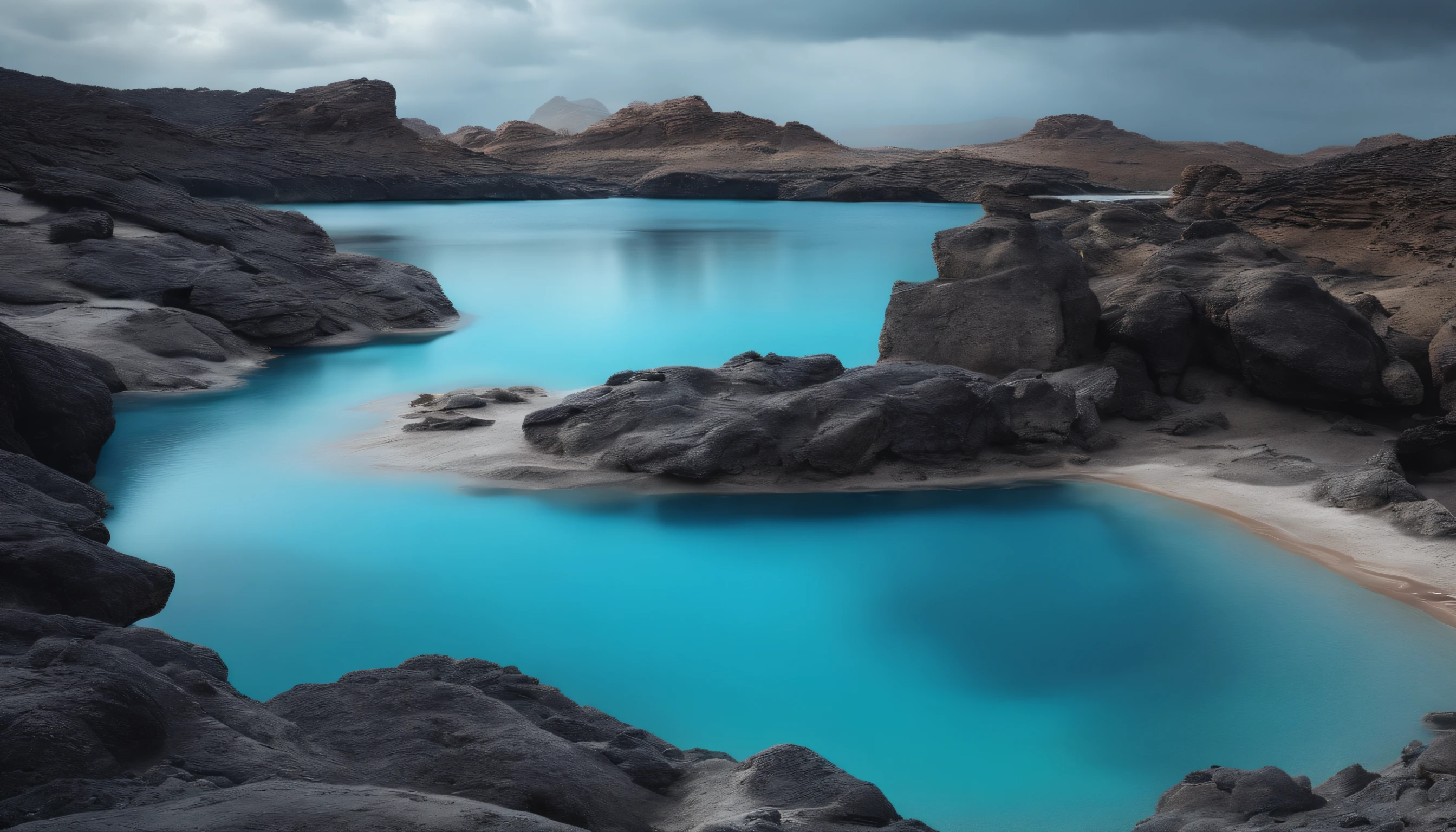 There is a blue lagoon with rocks and water in the middle - SeaArt AI